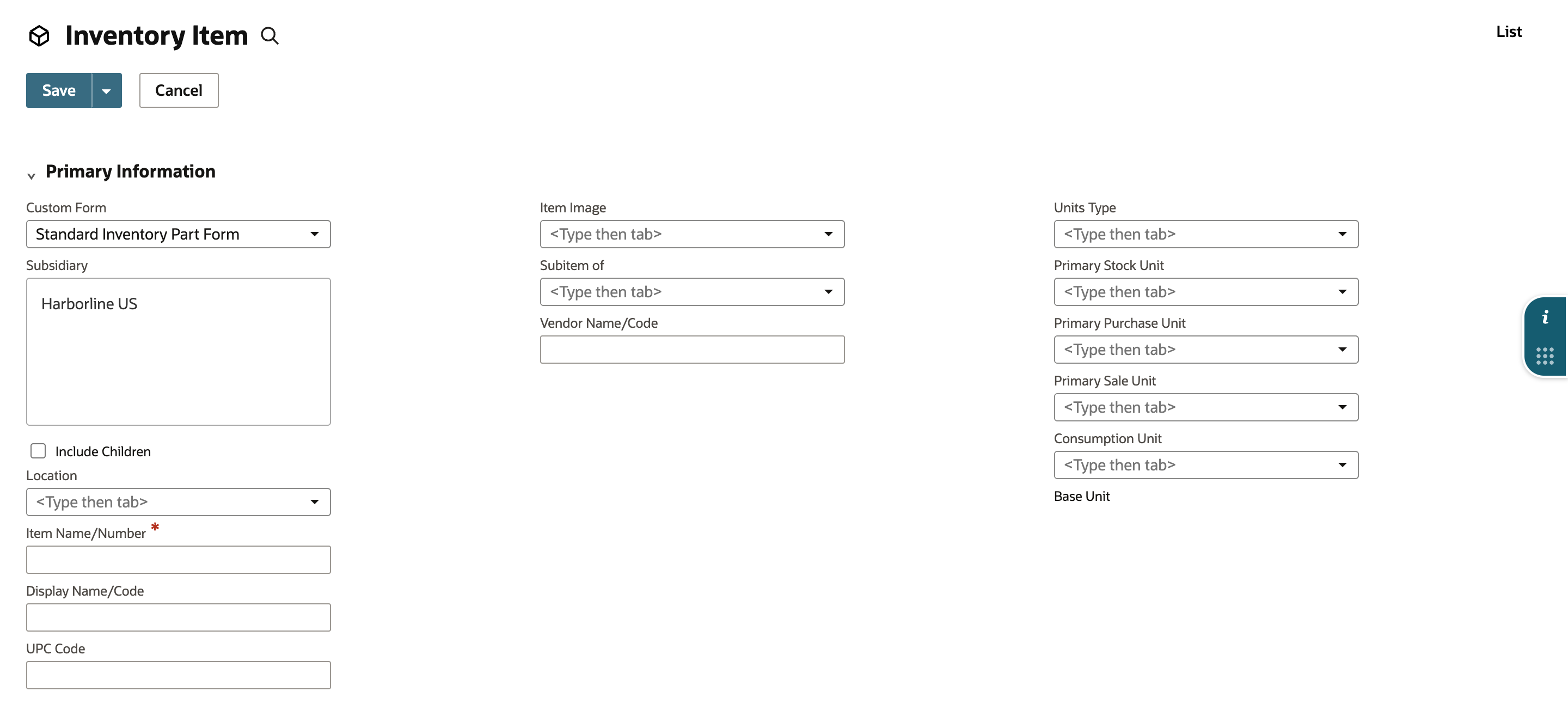 The new Inventory Item form on the Standard Inventory Part Form, with the subsidiary list, Include Children, the name fields and the units fields.