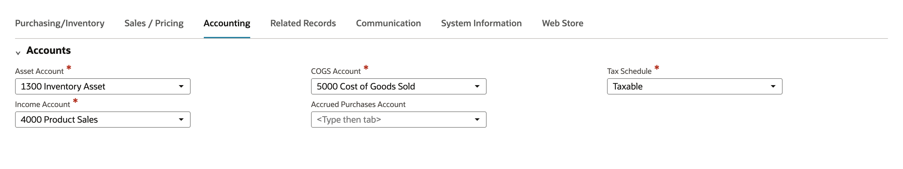 The Accounting subtab with 1300 Inventory Asset as the asset account, 4000 Product Sales as the income account, 5000 Cost of Goods Sold as the COGS account and Taxable as the tax schedule.