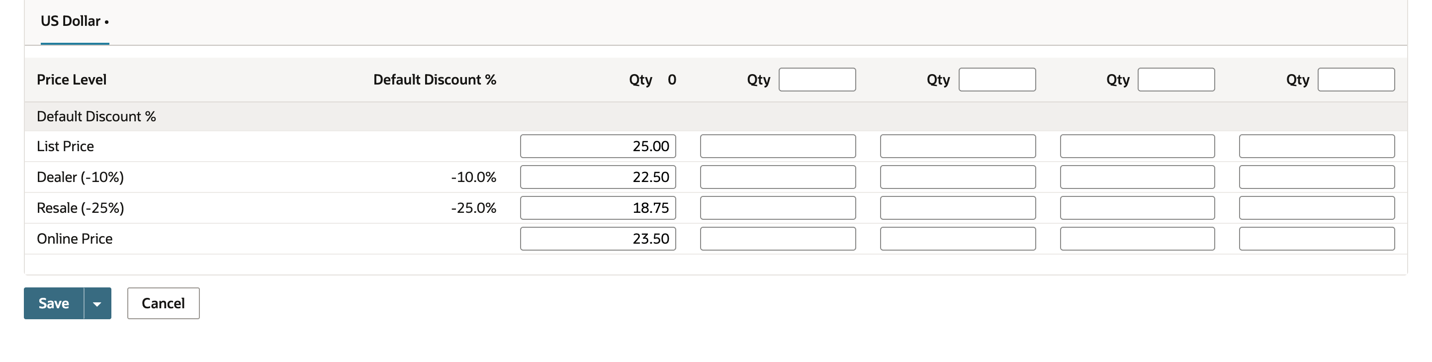 The Sales / Pricing subtab of a new inventory item. The List Price row holds 25.00, Dealer (-10%) shows 22.50, Resale (-25%) shows 18.75 and Online Price shows 23.50, with an arrow pointing at the Dealer price.