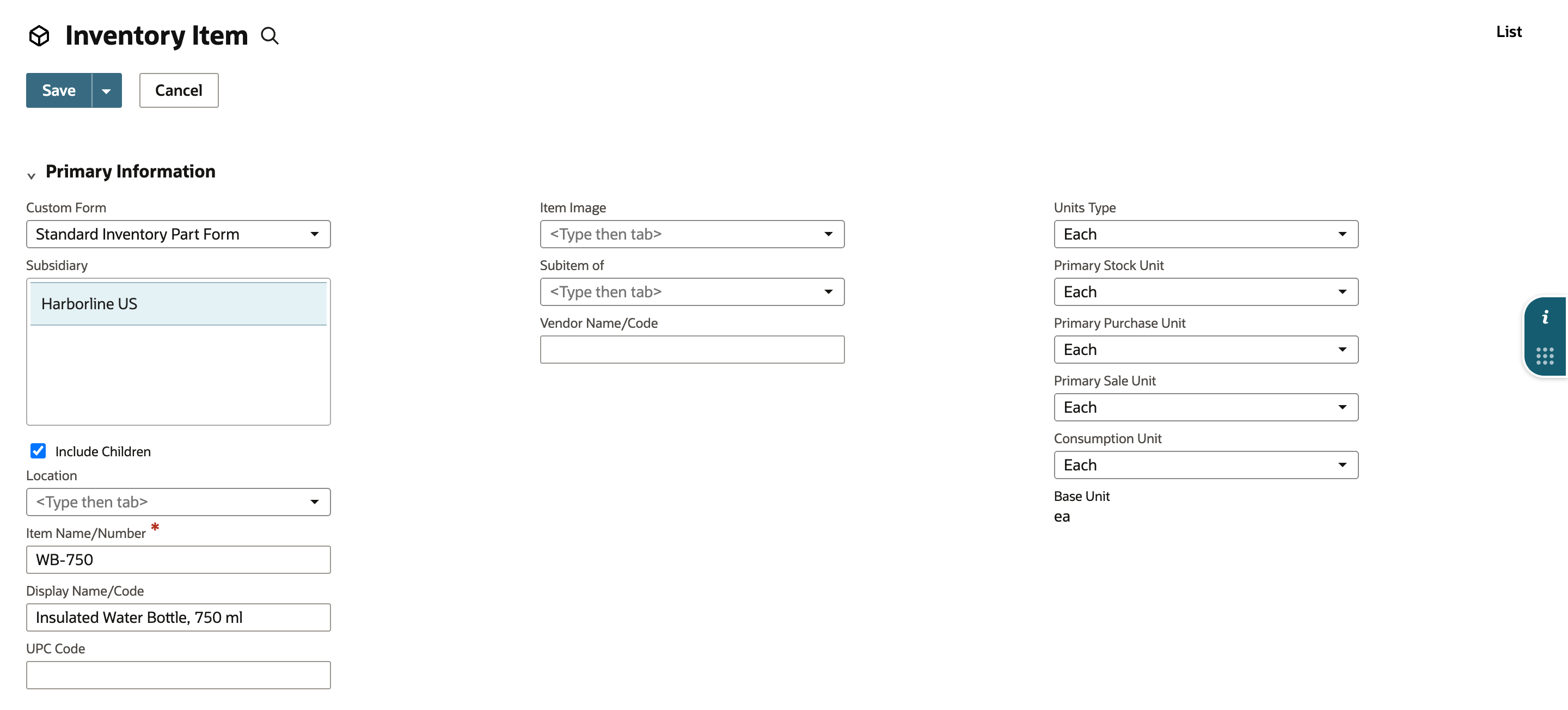 The Inventory Item form with WB-750 as the item name, the display name, Each as the units type, Harborline US selected and Include Children checked.