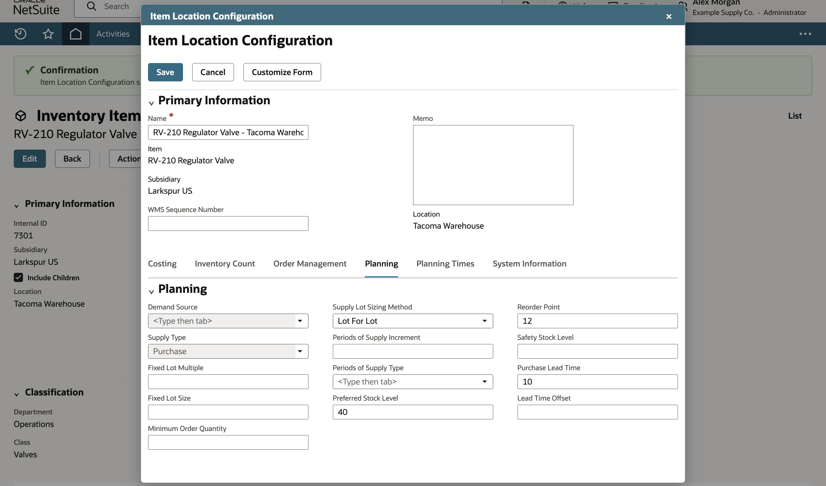 The Item Location Configuration record for RV-210 Regulator Valve at Tacoma Warehouse on the Planning subtab, with Reorder Point 12, Purchase Lead Time 10 and Preferred Stock Level 40.