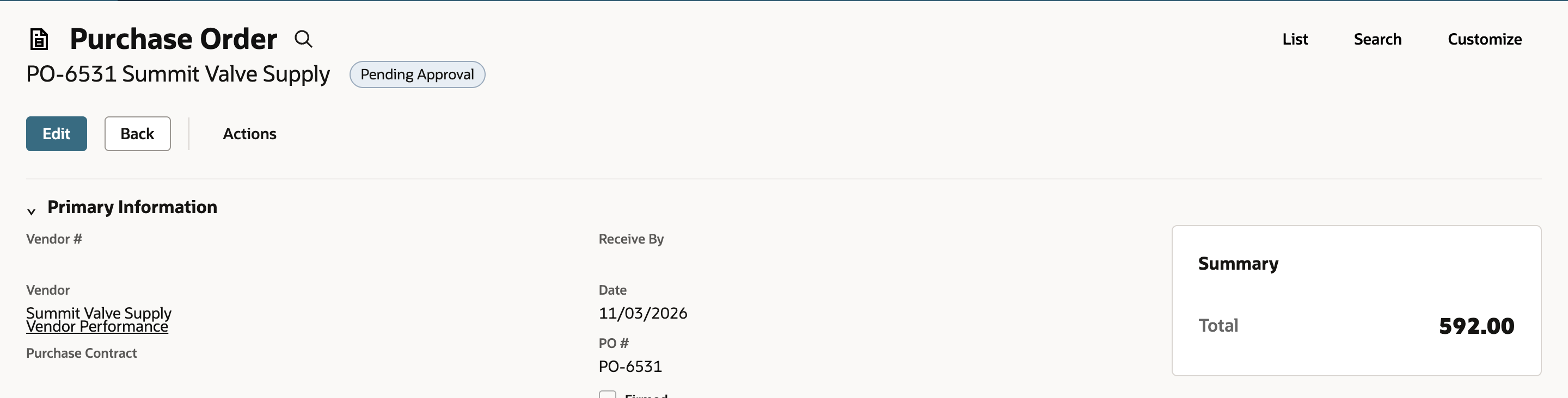 Purchase Order PO-6531 for Summit Valve Supply with the status Pending Approval and a total of 592.00.