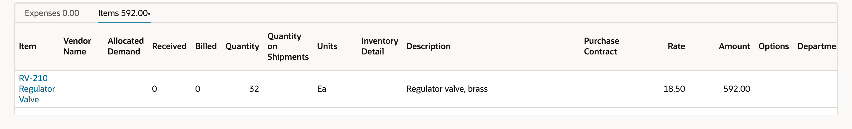 The Items subtab of PO-6531 with one line for RV-210 Regulator Valve, Quantity 32, Rate 18.50 and Amount 592.00.