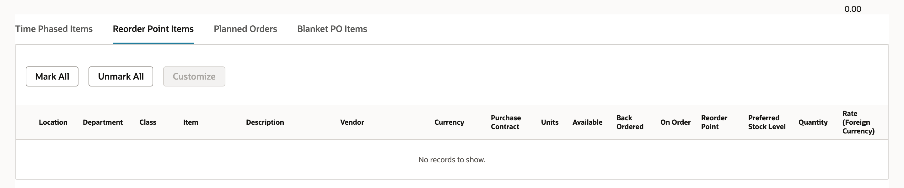 The Reorder Point Items subtab on Order Items with its column headings and the message No records to show.