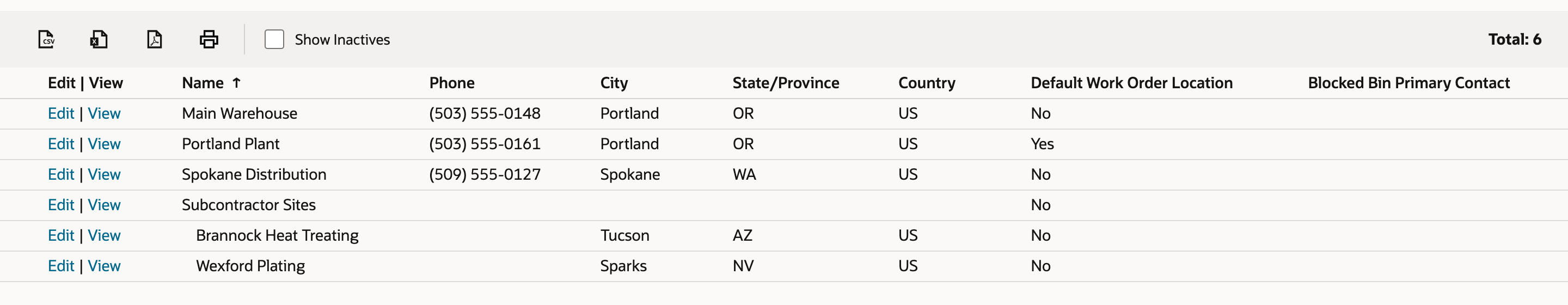 Locations list with Subcontractor Sites as a parent and Brannock Heat Treating and Wexford Plating indented beneath it. Brannock Heat Treating is in Tucson, AZ. An arrow points to Brannock Heat Treating.