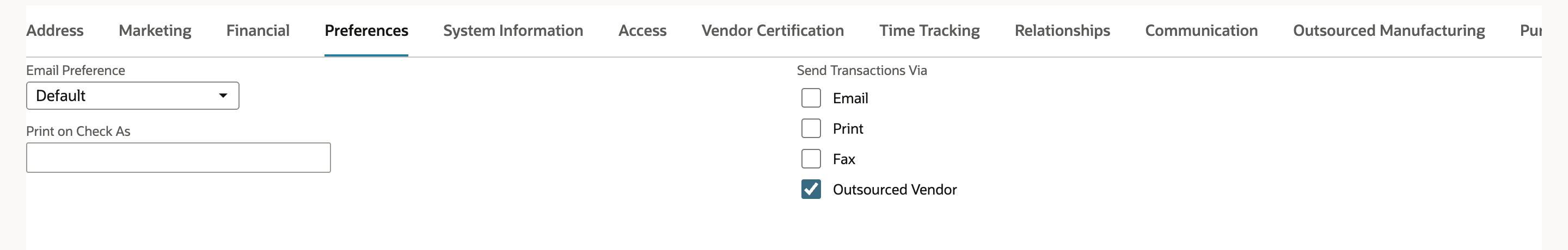 Preferences subtab with Email Preference Default and the Send Transactions Via boxes. Outsourced Vendor is checked and Email, Print and Fax are cleared. An arrow points to Outsourced Vendor.