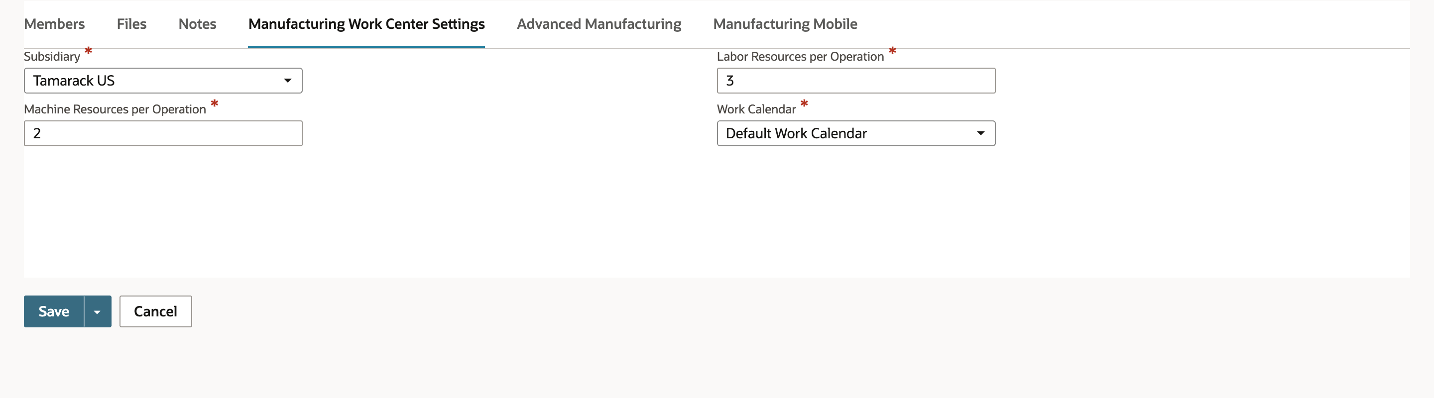 The Manufacturing Work Center Settings subtab shows a subsidiary, 2 machine resources, 3 labor resources and the Default Work Calendar.