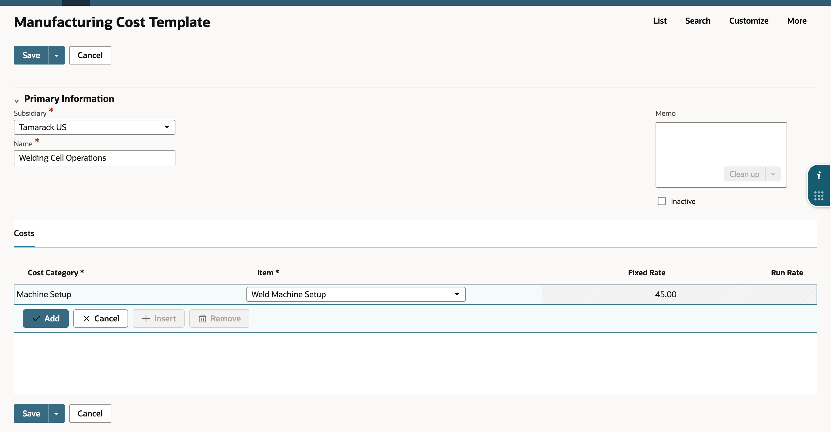 The new cost template has the Machine Setup category, the Weld Machine Setup item and a Fixed Rate of 45.00 on the open line.
