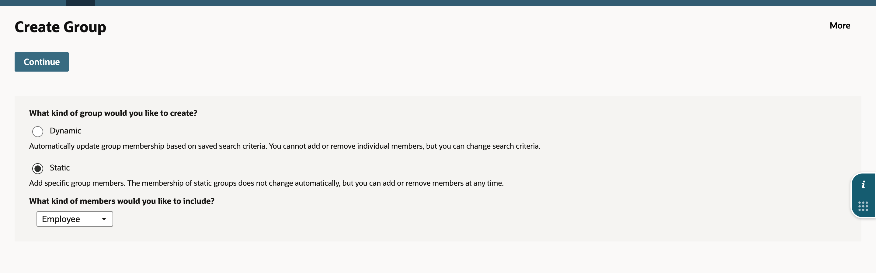 Create Group with the Static option selected and Employee chosen as the kind of members.