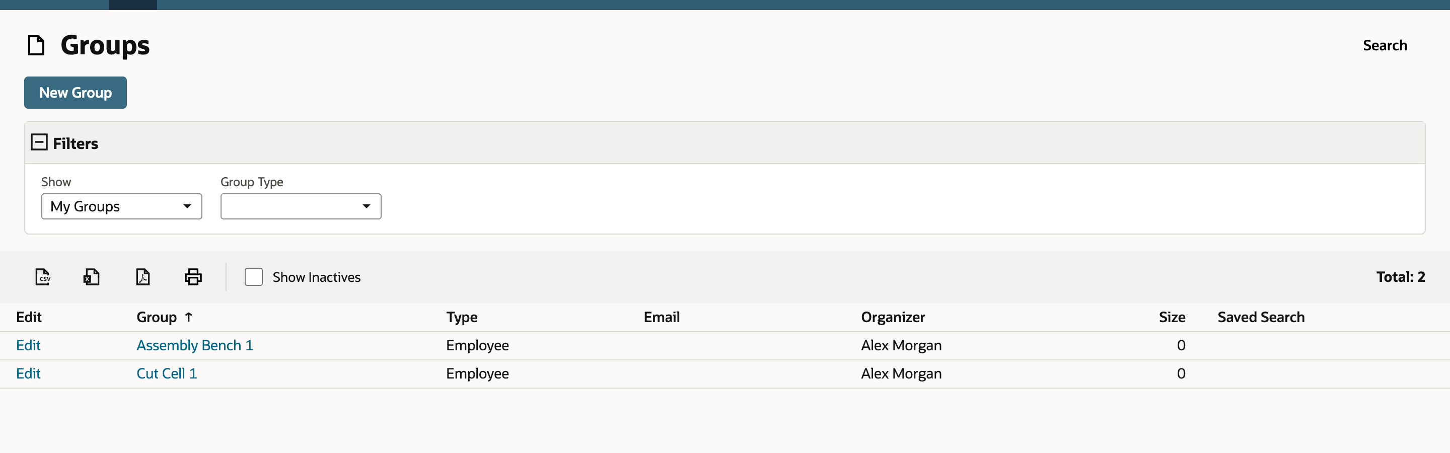 The Groups list shows two employee groups, Assembly Bench 1 and Cut Cell 1, and a New Group button.
