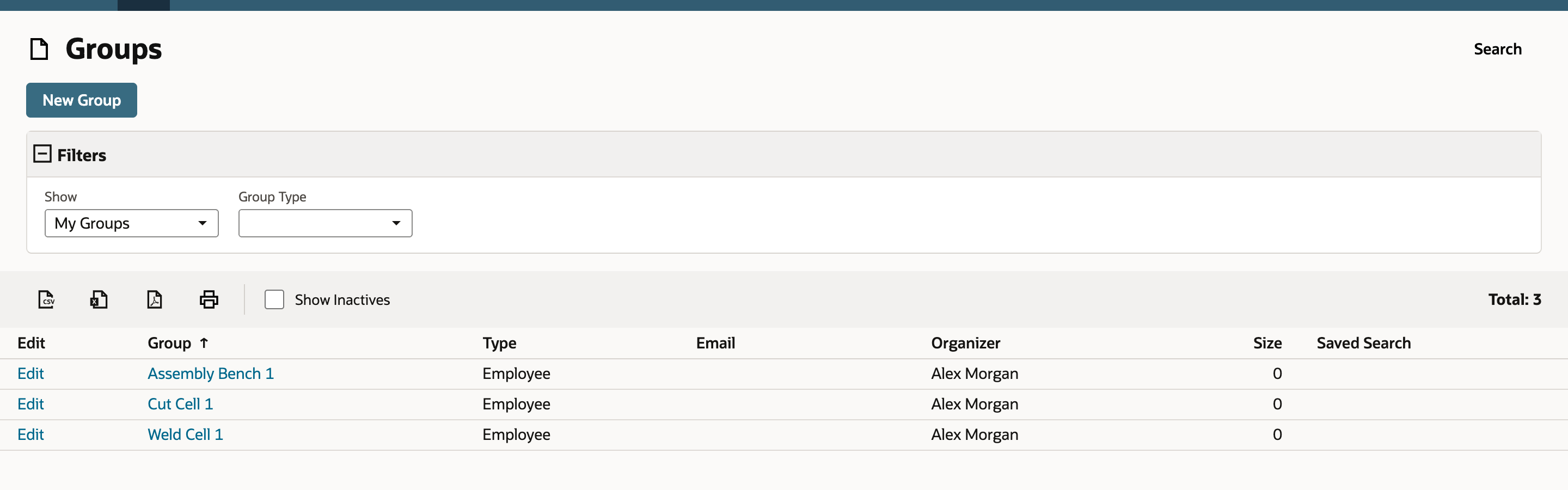 The Groups list now has three employee groups: Assembly Bench 1, Cut Cell 1 and Weld Cell 1.