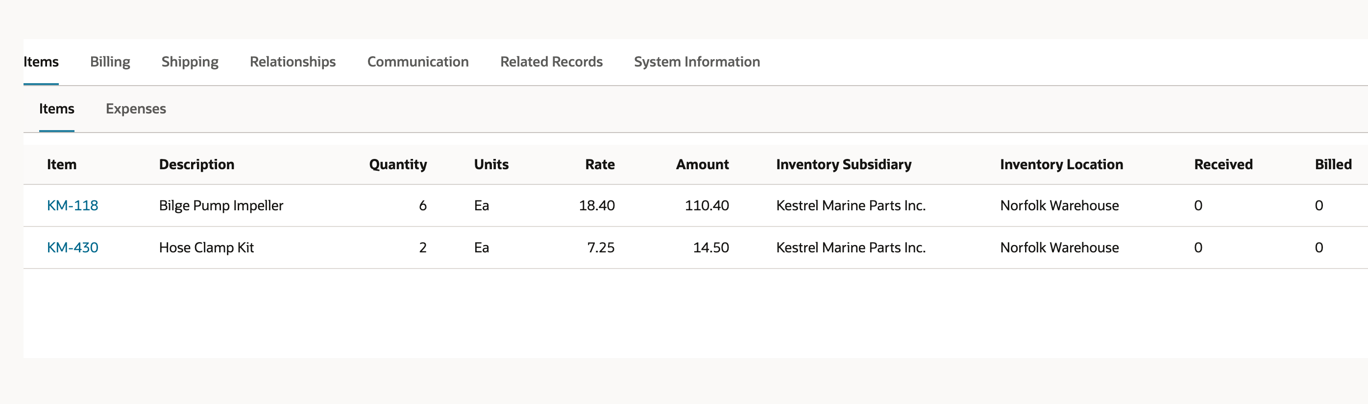 Purchase order 4078 Items subtab: KM-118 Quantity 6 Rate 18.40 Amount 110.40 and KM-430 Quantity 2 Rate 7.25 Amount 14.50, both Norfolk Warehouse, Received 0