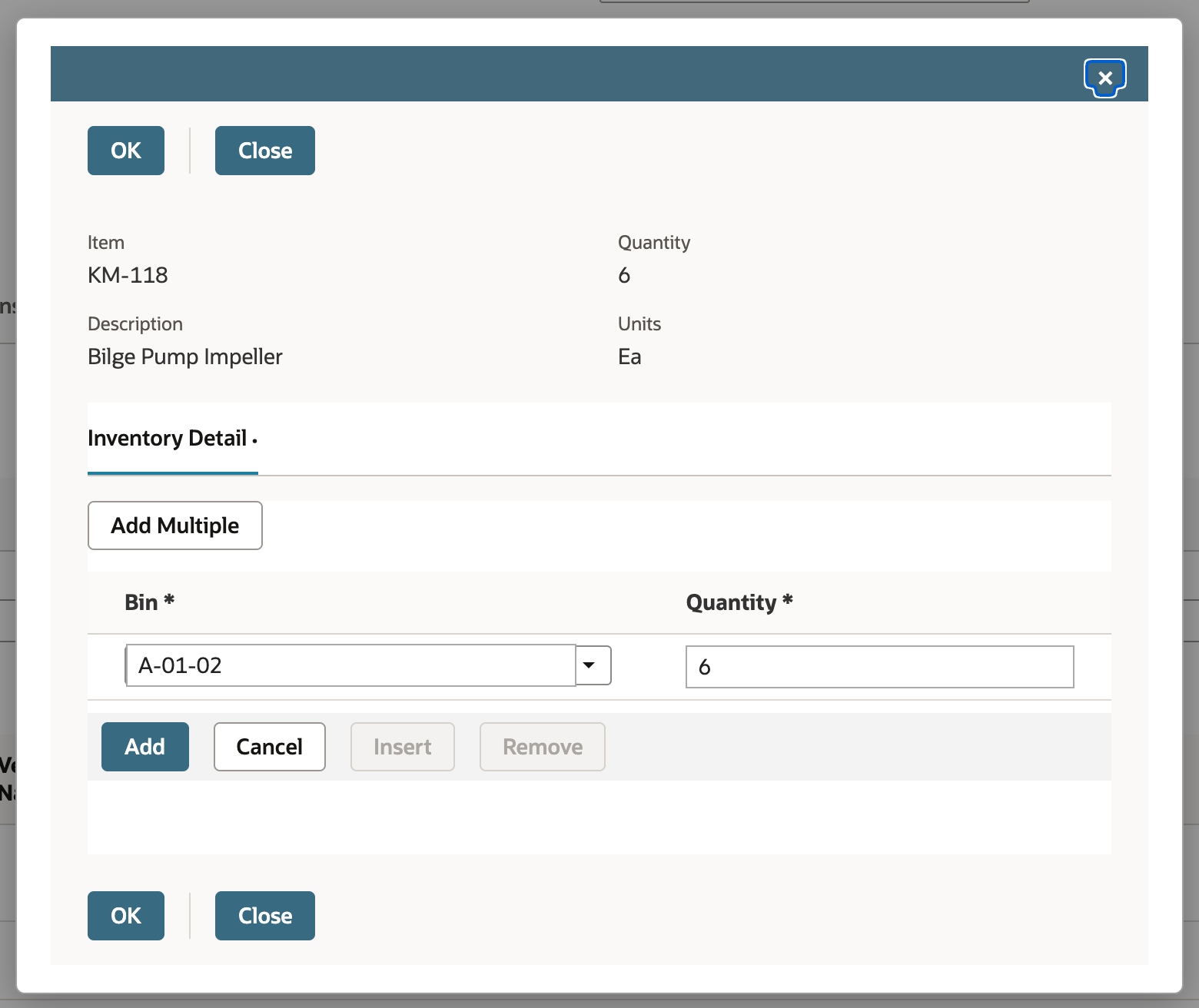 Inventory Detail window for KM-118, Quantity 6: Bin A-01-02 filled in and Quantity 6