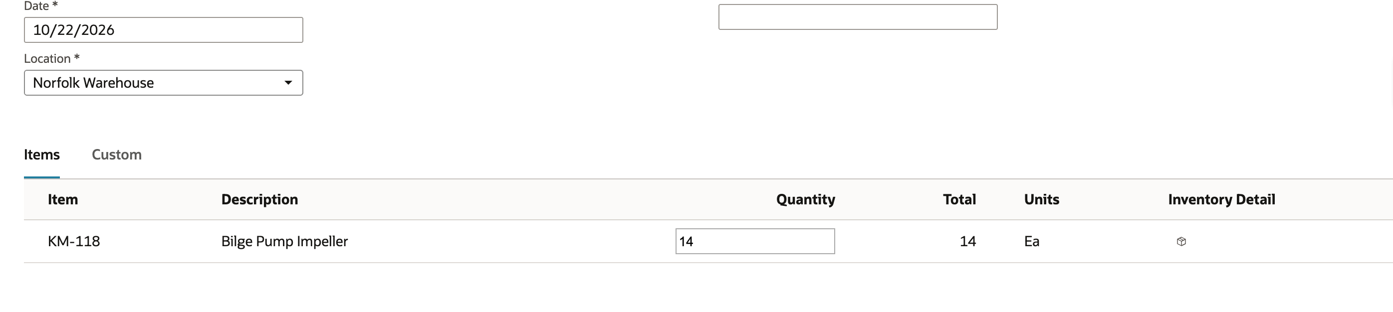 Bin Put-Away Worksheet with Date 10/22/2026, Location Norfolk Warehouse and one Items line: KM-118 Bilge Pump Impeller, Quantity 14, Total 14, Units Ea
