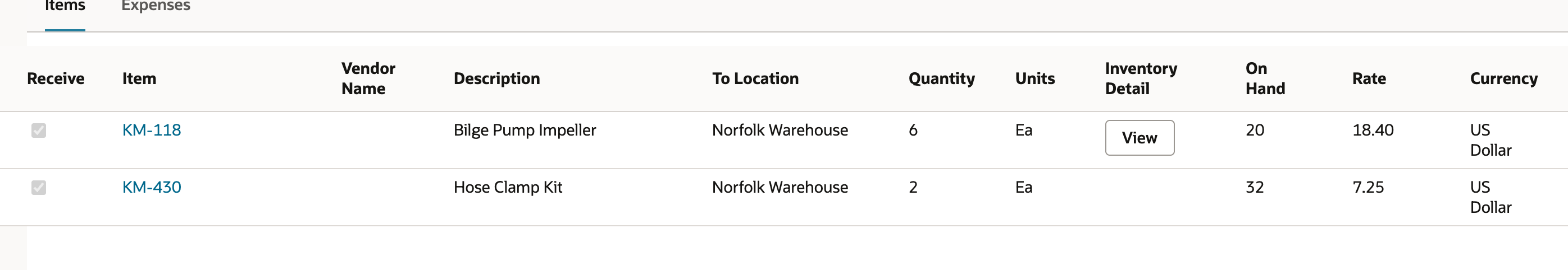 Saved receipt lines: KM-118 Quantity 6, Inventory Detail View, On Hand 20; KM-430 Quantity 2, no Inventory Detail, On Hand 32
