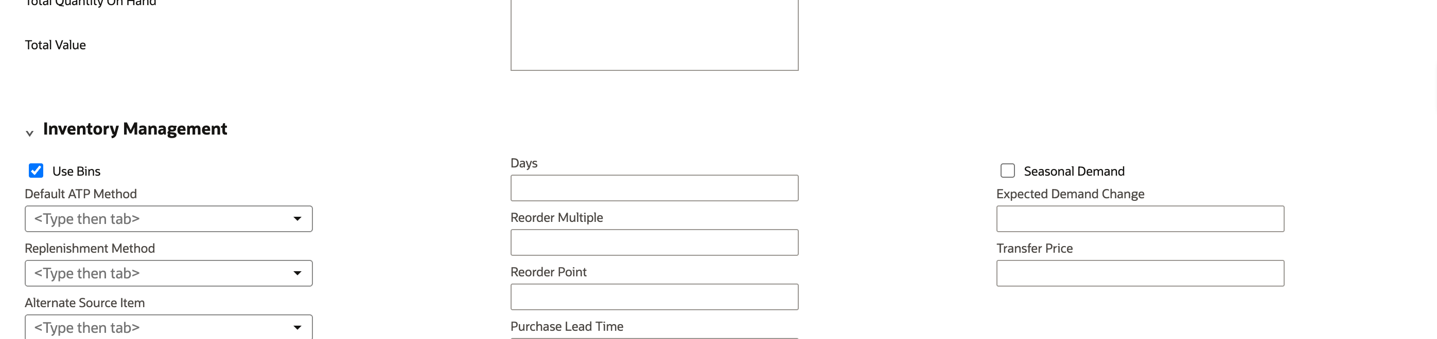 KM-118 item edit, Purchasing/Inventory subtab, Inventory Management section with Use Bins checked