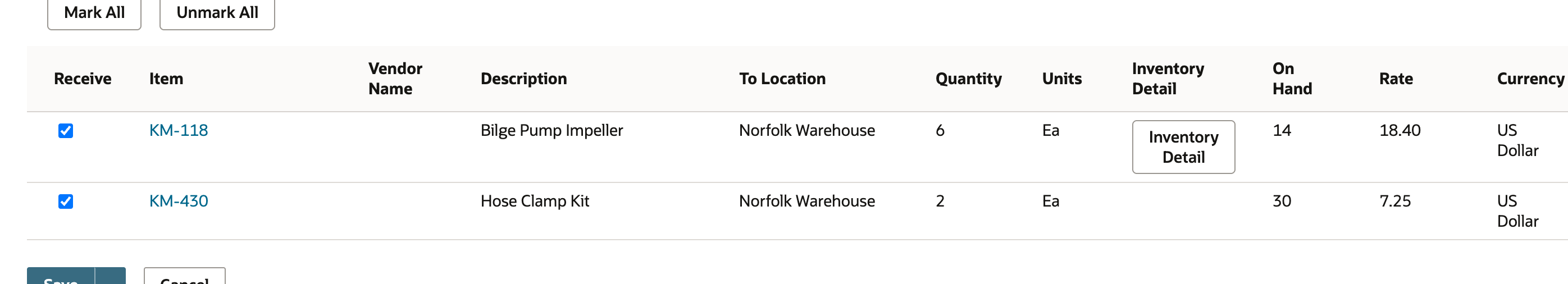 Item receipt lines: KM-118 Quantity 6 with an Inventory Detail button and On Hand 14; KM-430 Quantity 2 with no Inventory Detail button