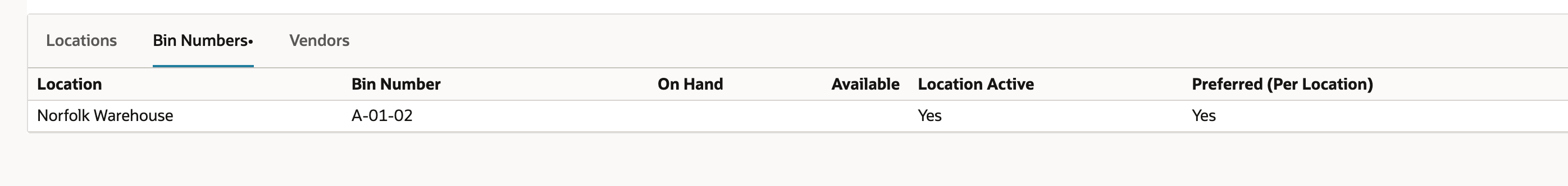 KM-118 Bin Numbers subtab: Norfolk Warehouse, A-01-02, On Hand empty, Location Active Yes, Preferred Yes
