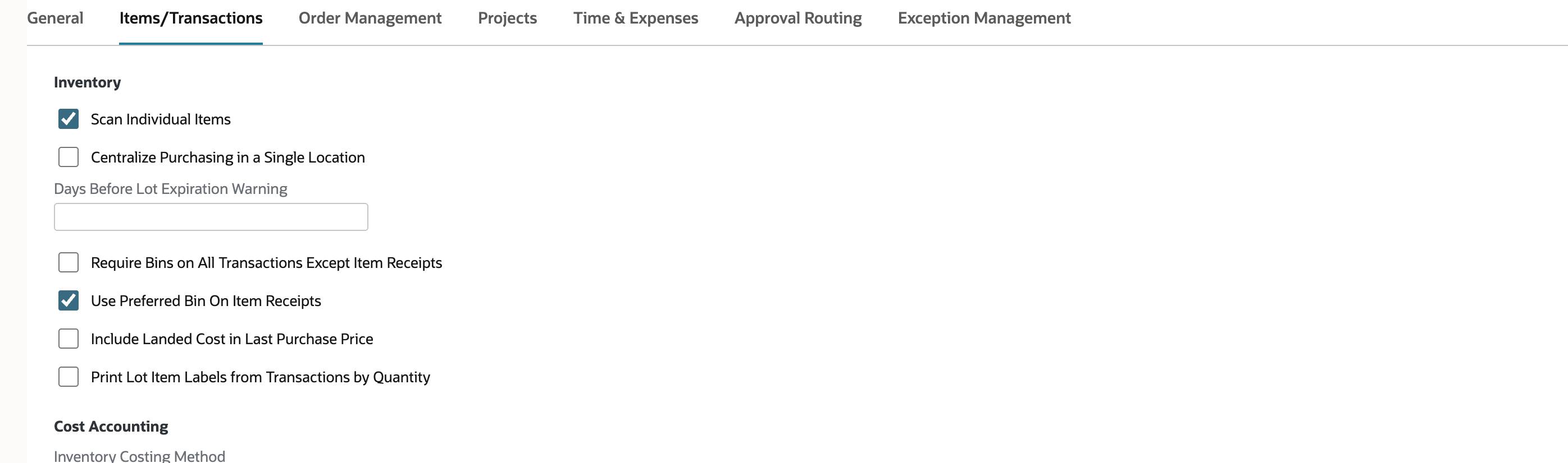 Accounting Preferences, Items/Transactions subtab, Inventory section with Use Preferred Bin On Item Receipts checked and Require Bins on All Transactions Except Item Receipts unchecked