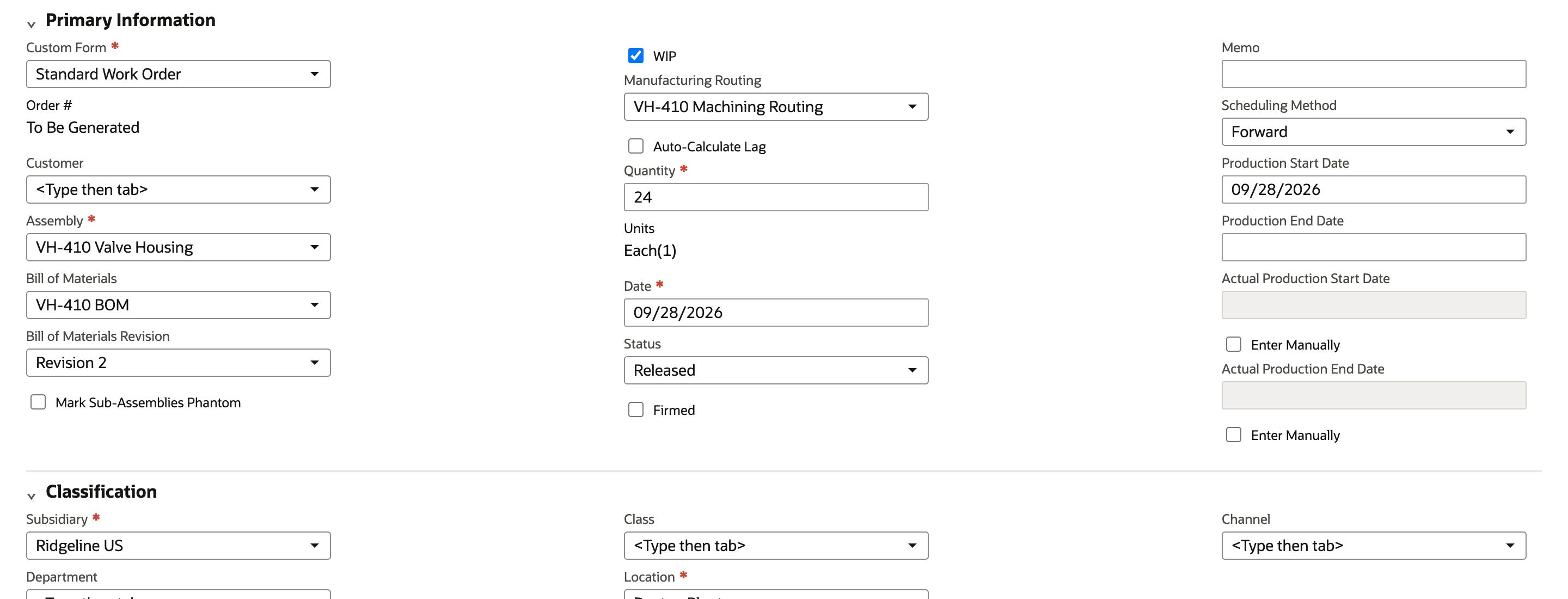 NetSuite work order entry with VH-410 Valve Housing, WIP checked, Manufacturing Routing VH-410 Machining Routing, quantity 24, and status Released