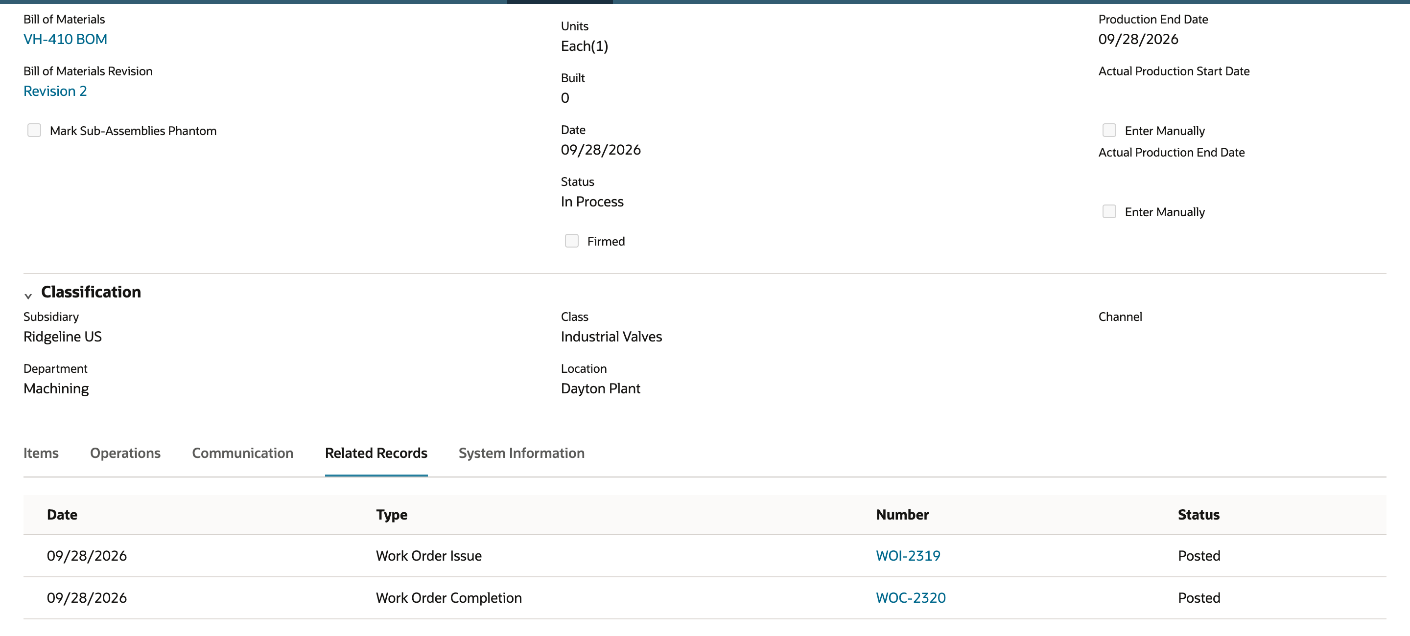 NetSuite work order WO-2318 In Process with Built zero and Related Records listing WOI-2319 and WOC-2320