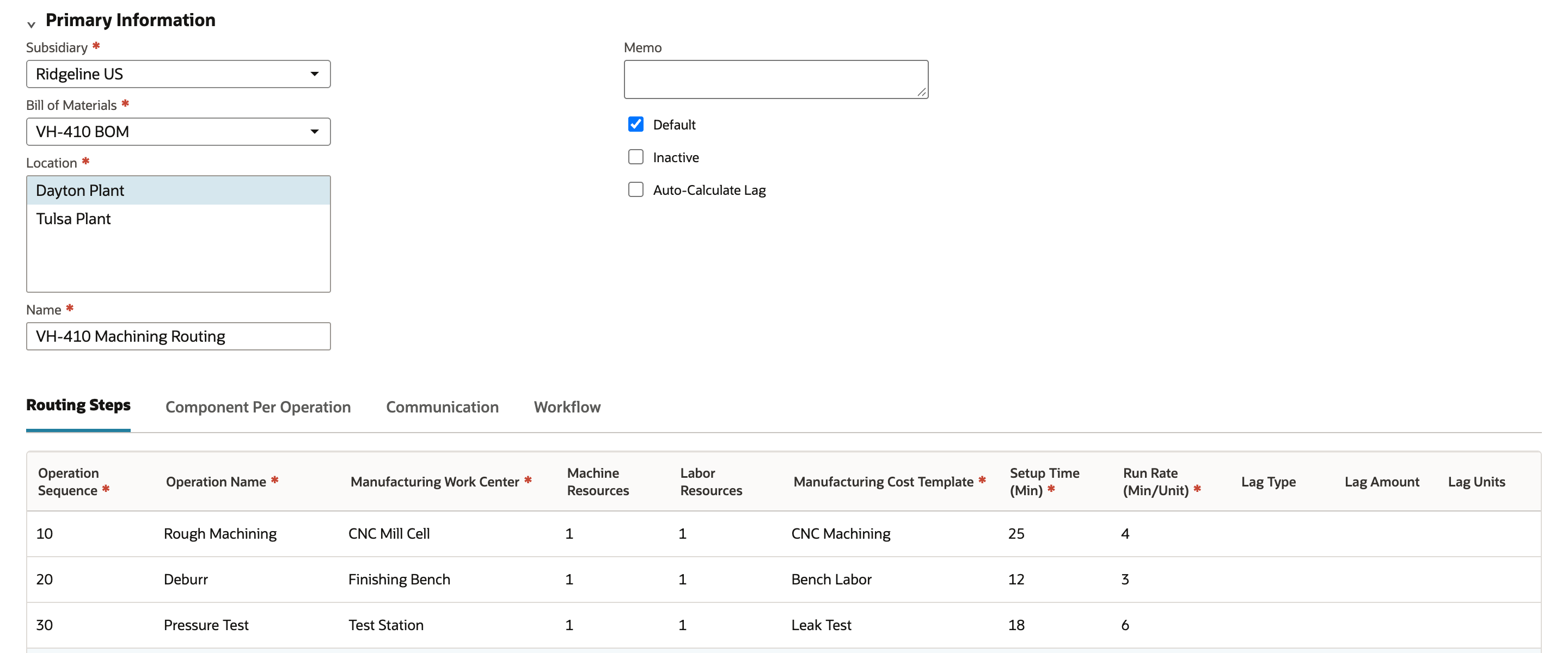 NetSuite Manufacturing Routing form with VH-410 BOM, Dayton Plant selected in the Location list, VH-410 Machining Routing, Default checked, and three Routing Steps lines