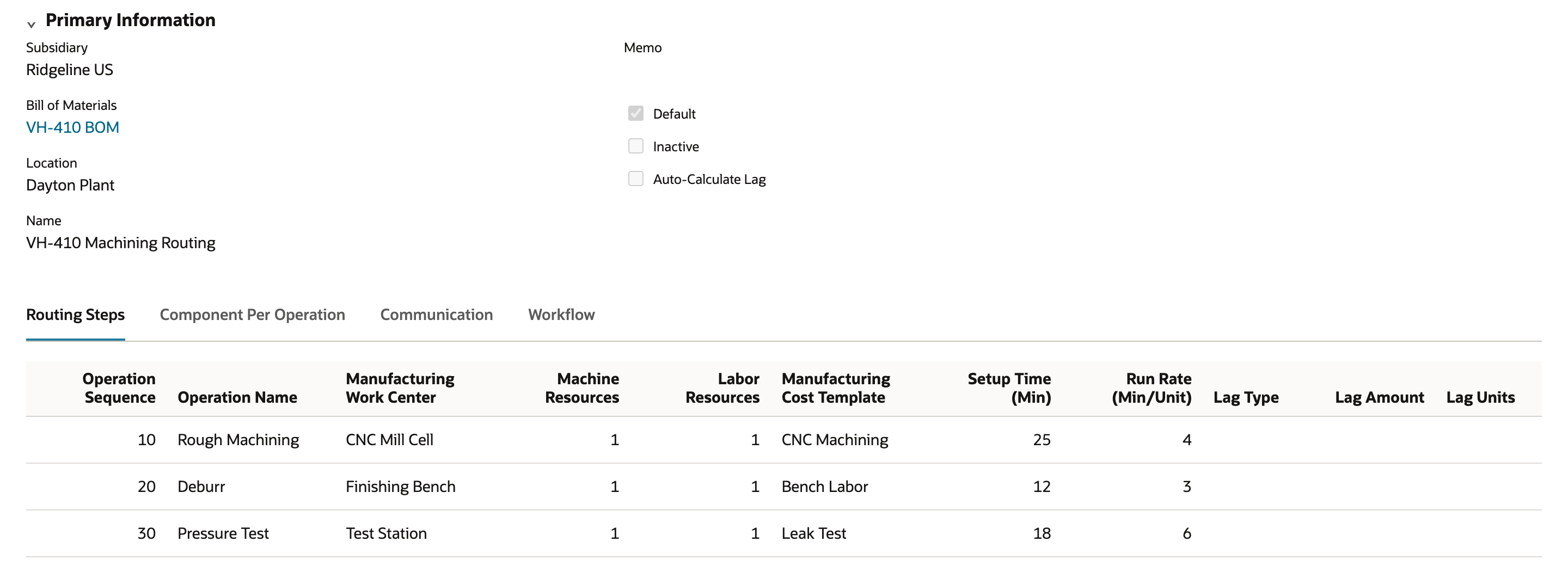 Saved NetSuite manufacturing routing VH-410 Machining Routing showing operations 10, 20, and 30 on Routing Steps