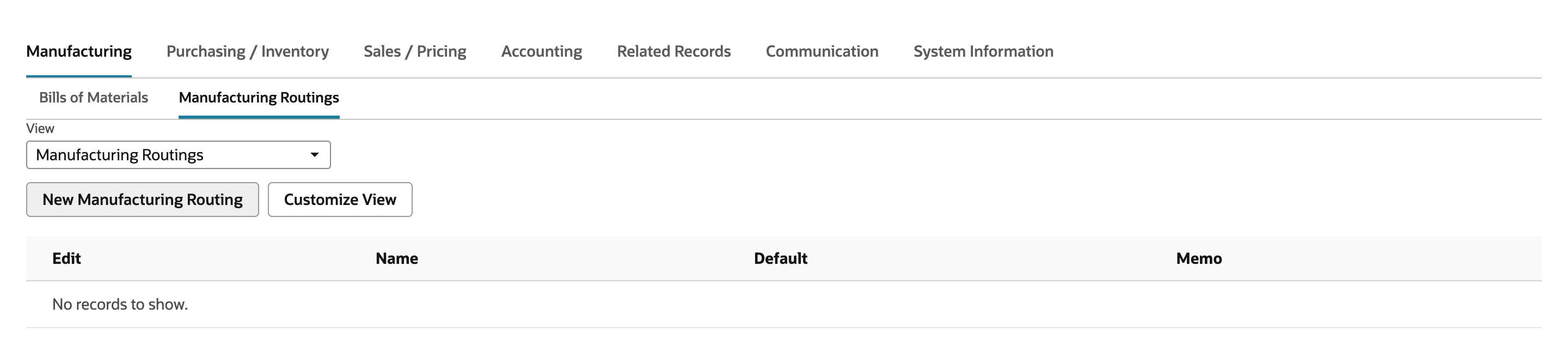 NetSuite assembly item VH-410 Manufacturing subtab showing an empty Manufacturing Routings sublist and the New Manufacturing Routing button