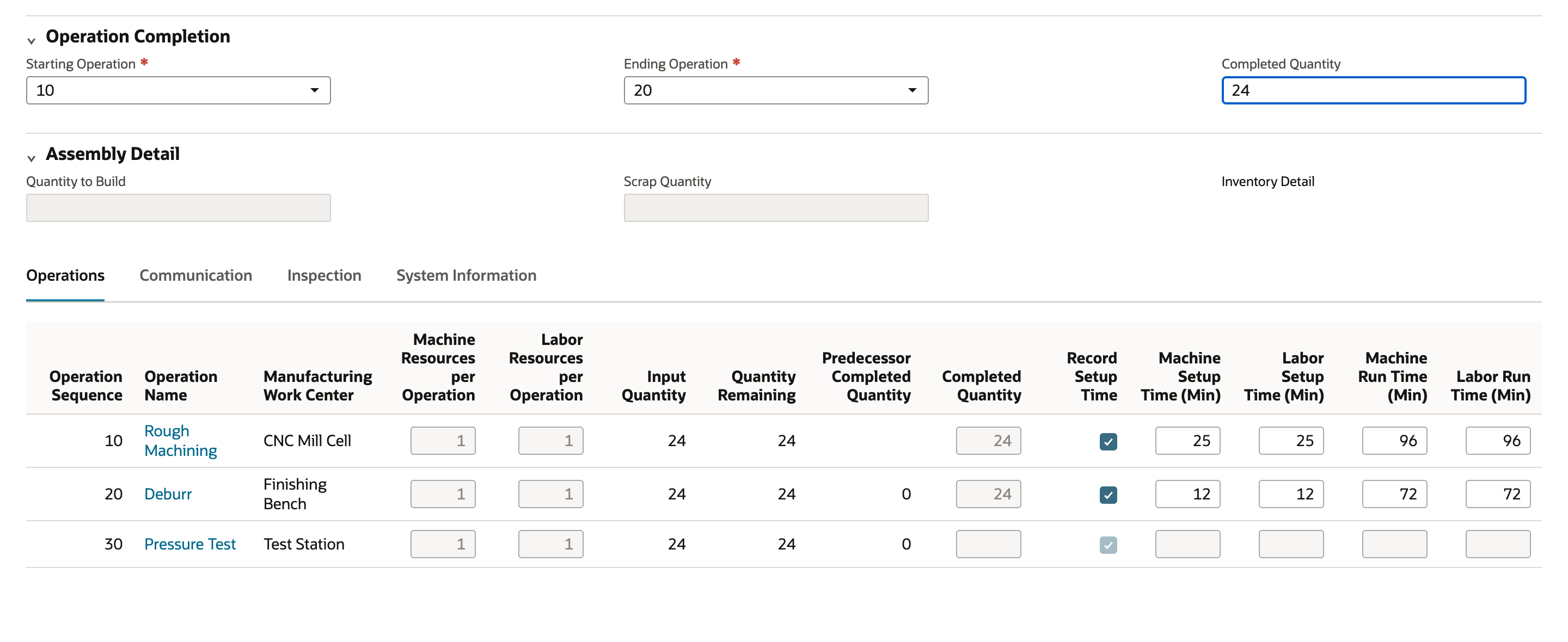 NetSuite Work Order Completion with operations 10 to 20, completed quantity 24, and Operations rows showing 25 and 96 minutes for operation 10 and 12 and 72 for operation 20