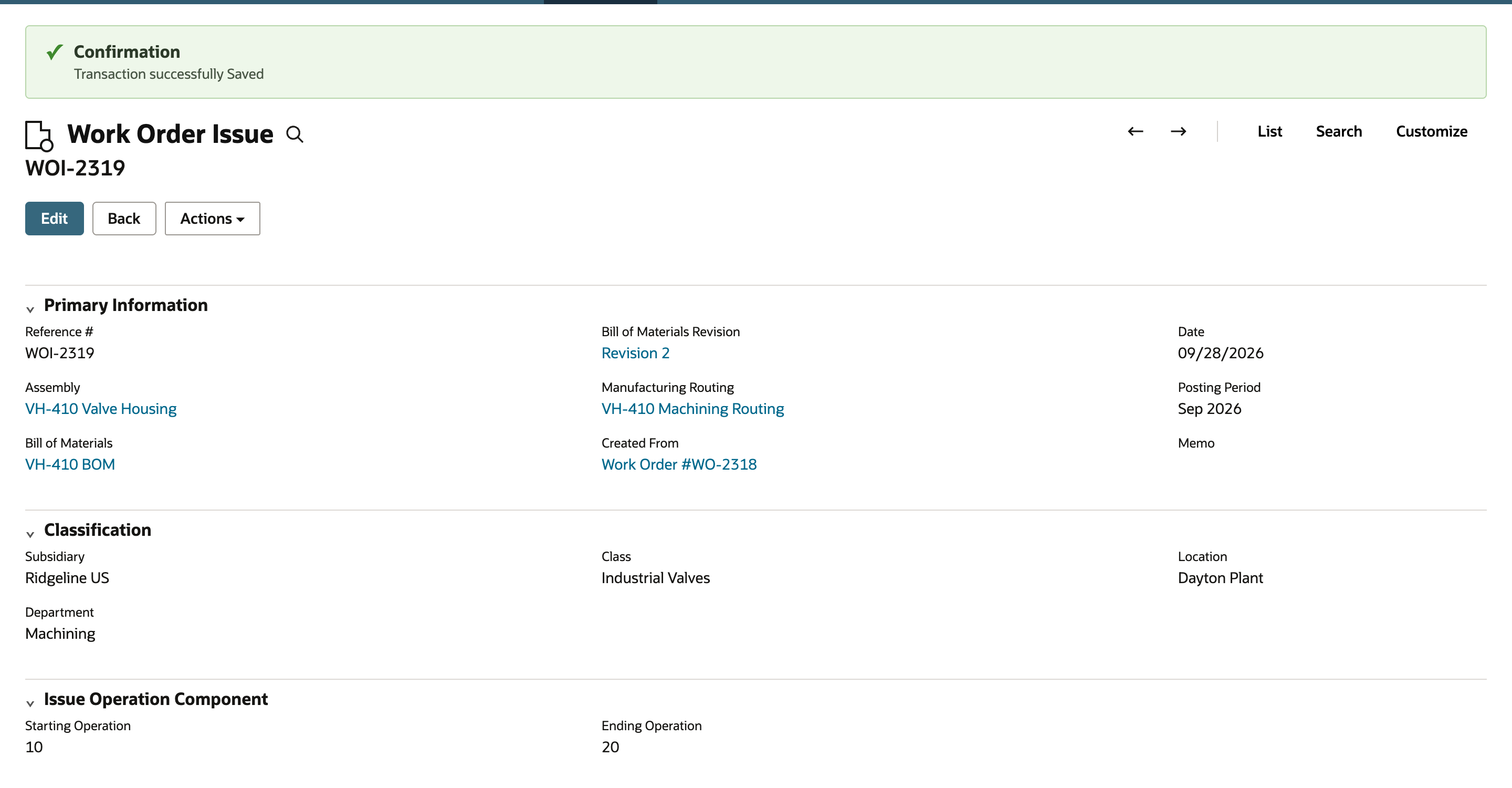 Saved NetSuite Work Order Issue WOI-2319 with confirmation, Created From Work Order #WO-2318, and operations 10 to 20