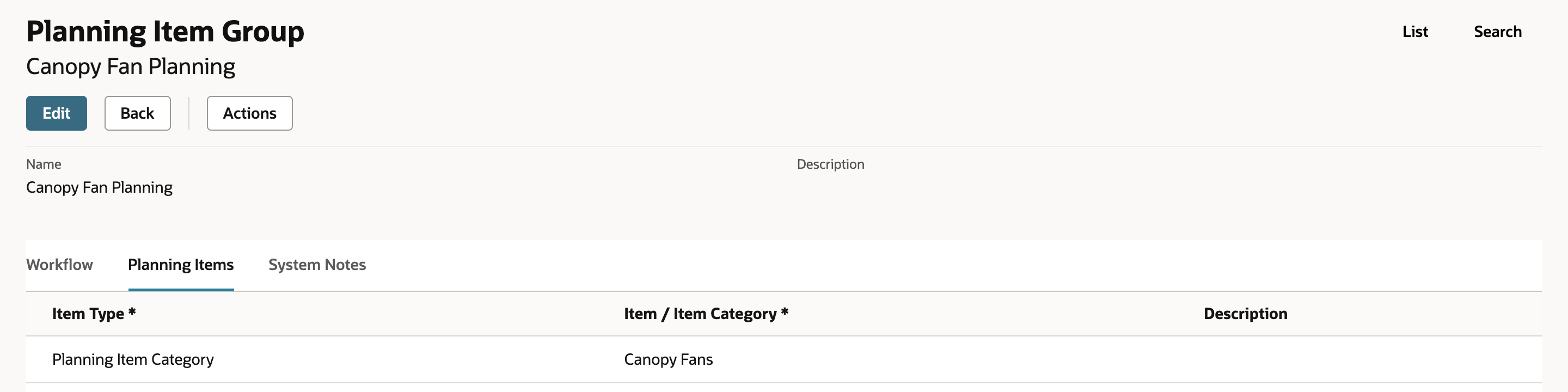The saved Planning Item Group Canopy Fan Planning has one Planning Items row: Item Type Planning Item Category, Item / Item Category Canopy Fans.