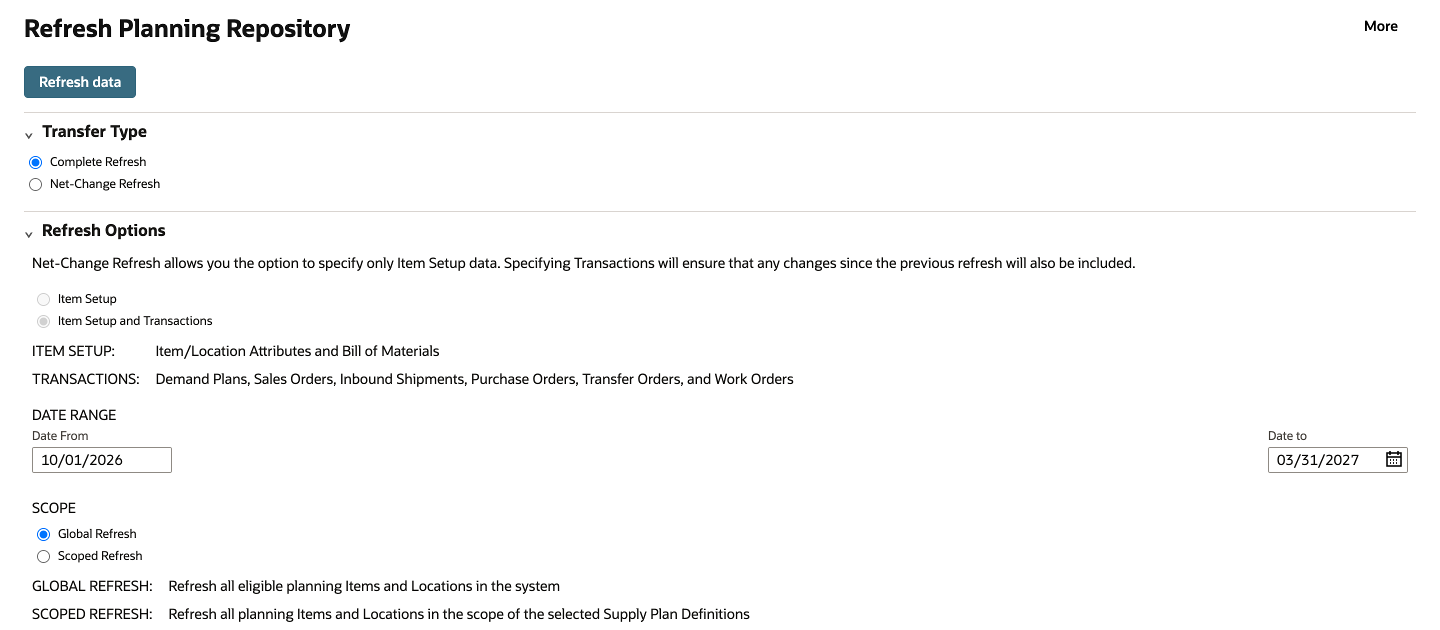 Refresh Planning Repository with Complete Refresh selected, Date From 10/01/2026, Date to 03/31/2027, and Global Refresh selected.