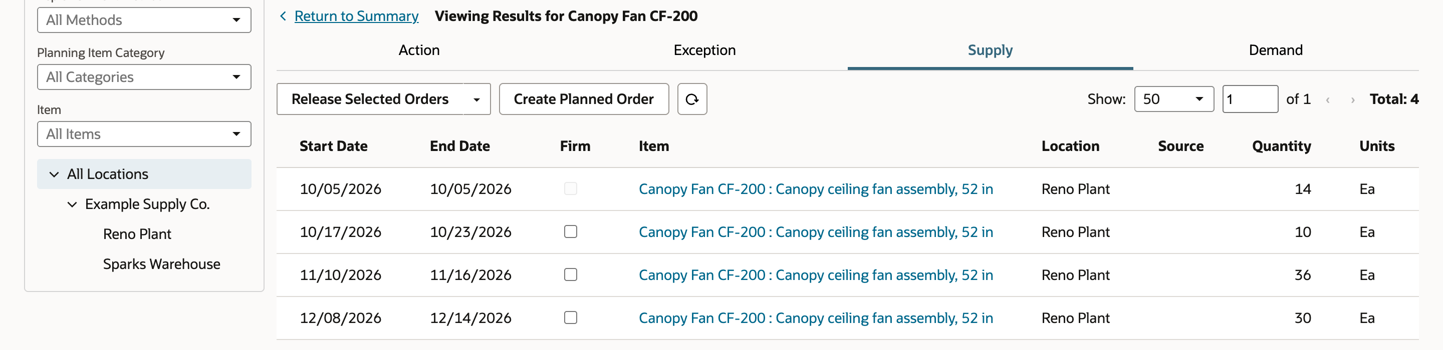 Viewing Results for Canopy Fan CF-200, Supply subtab: 14 on hand on 10/05/2026, then rows for 10, 36, and 30 ending 10/23/2026, 11/16/2026, and 12/14/2026, all at Reno Plant.