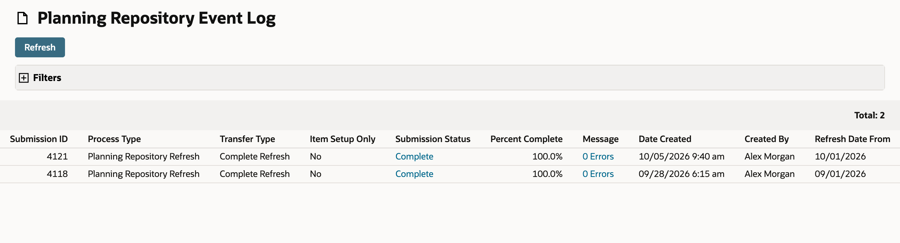 Planning Repository Event Log shows submission 4121, a Complete Refresh, with Submission Status Complete, 100.0%, and 0 Errors, above an older refresh.