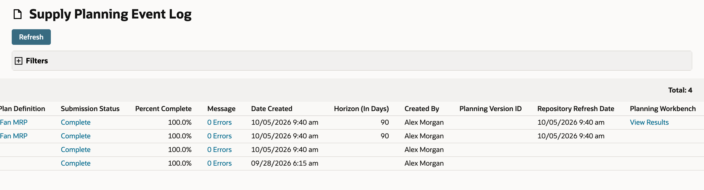 The Supply Planning Event Log scrolled right, showing the View Results link in the Planning Workbench column of the completed Material Requirements Planning row.