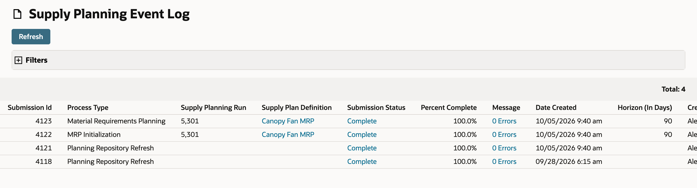 Supply Planning Event Log shows Material Requirements Planning submission 4123 and MRP Initialization submission 4122 for Canopy Fan MRP, both Complete at 100.0% with 0 Errors.