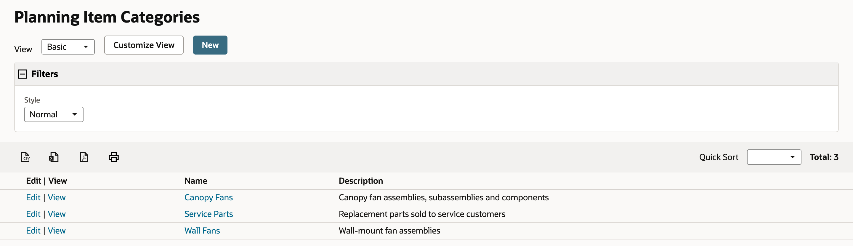 The Planning Item Categories list shows Canopy Fans with the description Canopy fan assemblies, subassemblies and components, above Service Parts and Wall Fans.