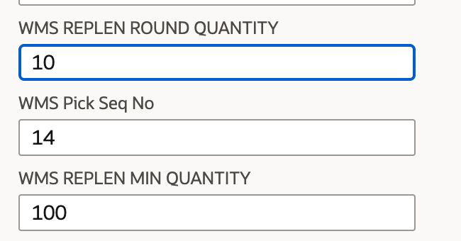 Bin edit fields showing round quantity 10 and minimum quantity 100.