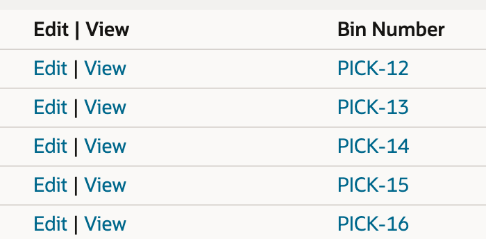 The Bins list with Edit and View links beside each bin, including PICK-14.