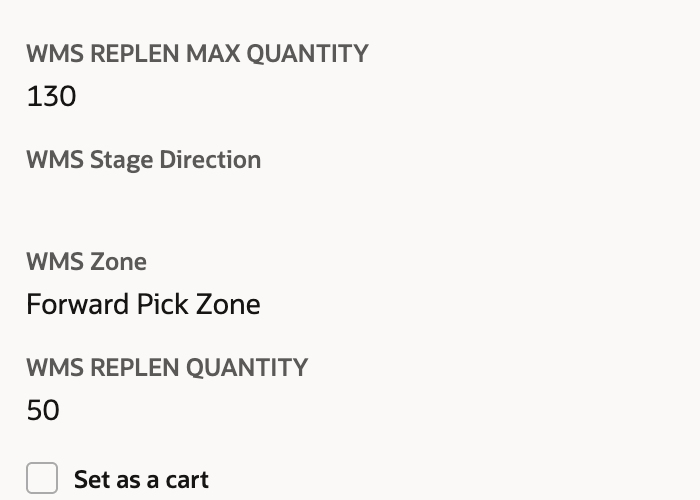 Saved Bin fields showing maximum quantity 130 and replenishment quantity 50.