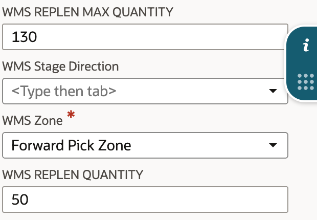 Bin edit fields showing maximum quantity 130 and replenishment quantity 50.