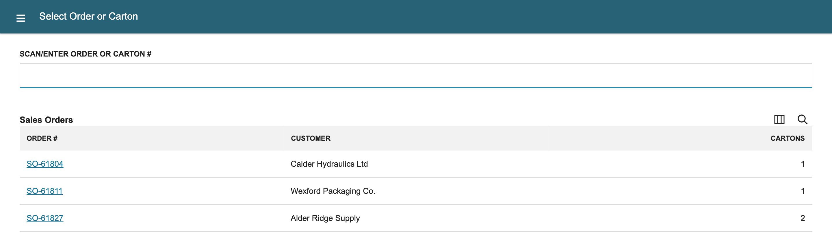 Select Order or Carton lists SO-61804, SO-61811 and SO-61827 with their customers and carton counts; an arrow marks SO-61804.