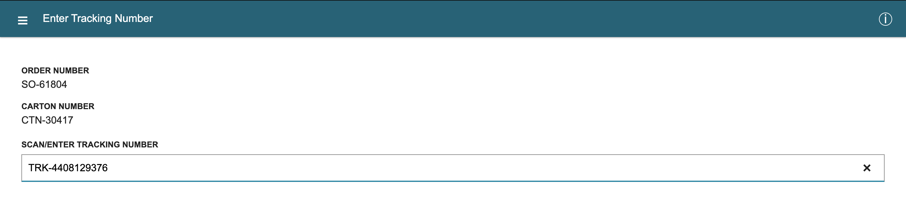 Enter Tracking Number shows order SO-61804, carton CTN-30417 and the tracking number TRK-4408129376 typed into the field.