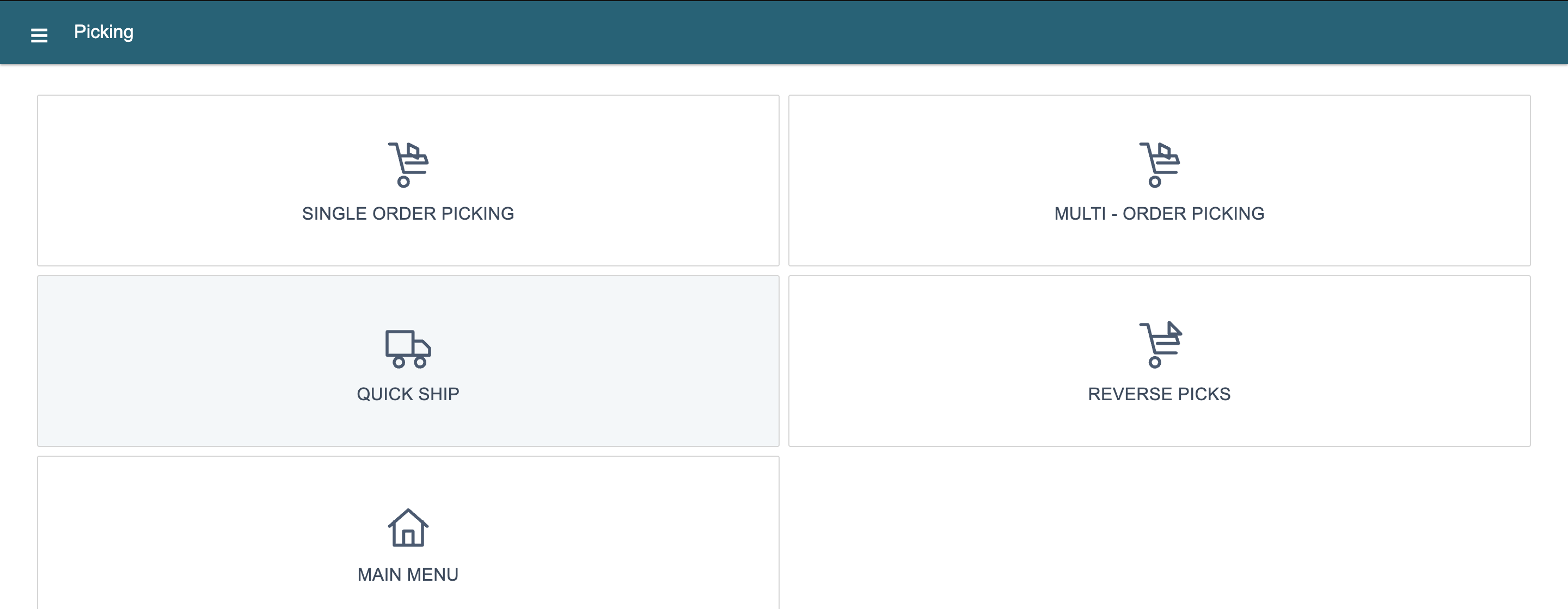 The Picking menu with Quick Ship highlighted among five tiles.