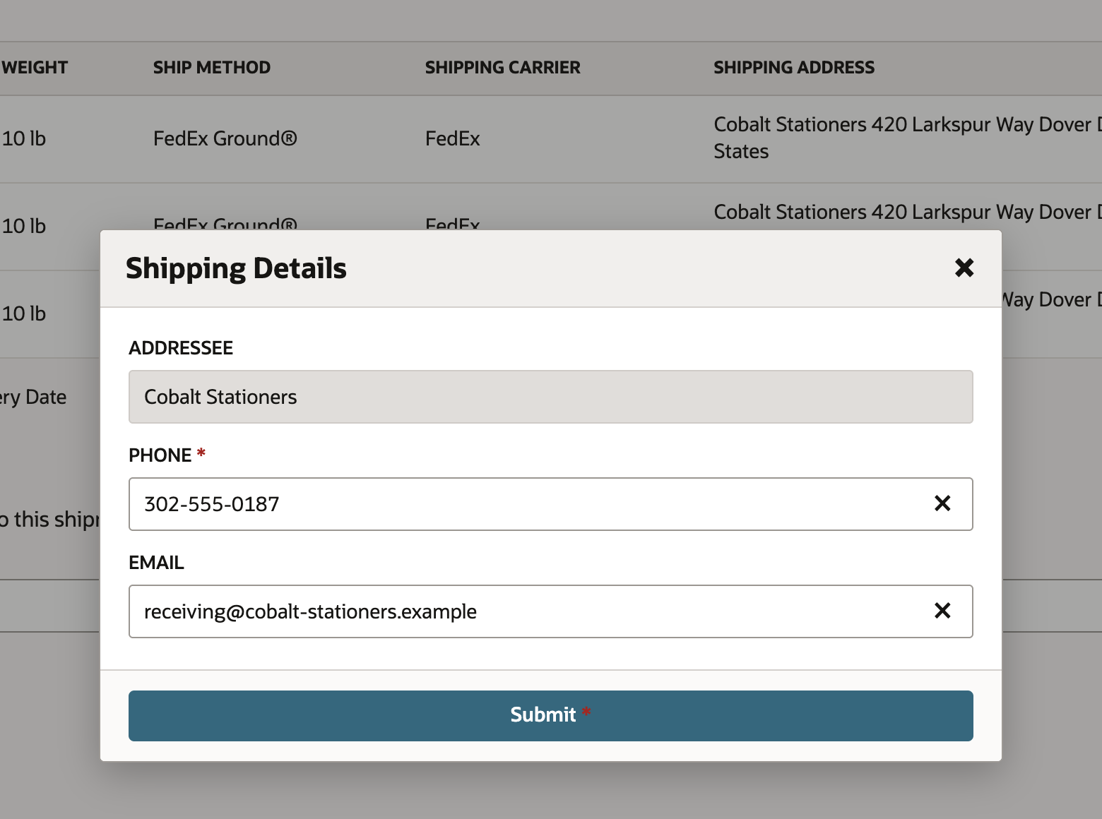 The Shipping Details dialog with 302-555-0187 entered as the phone number.
