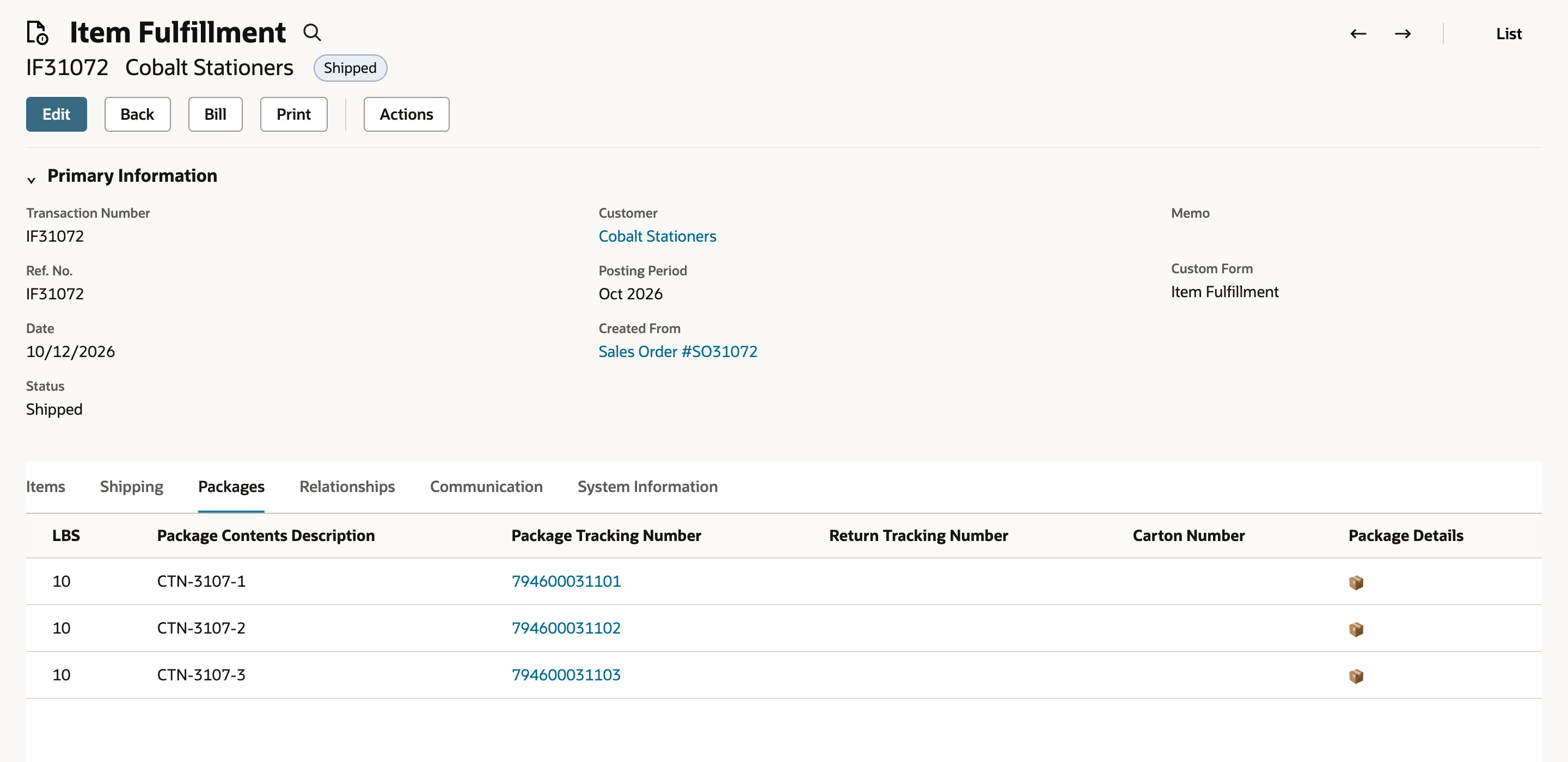 Item fulfillment IF31072 with the Shipped status and a Packages subtab listing three tracking numbers.