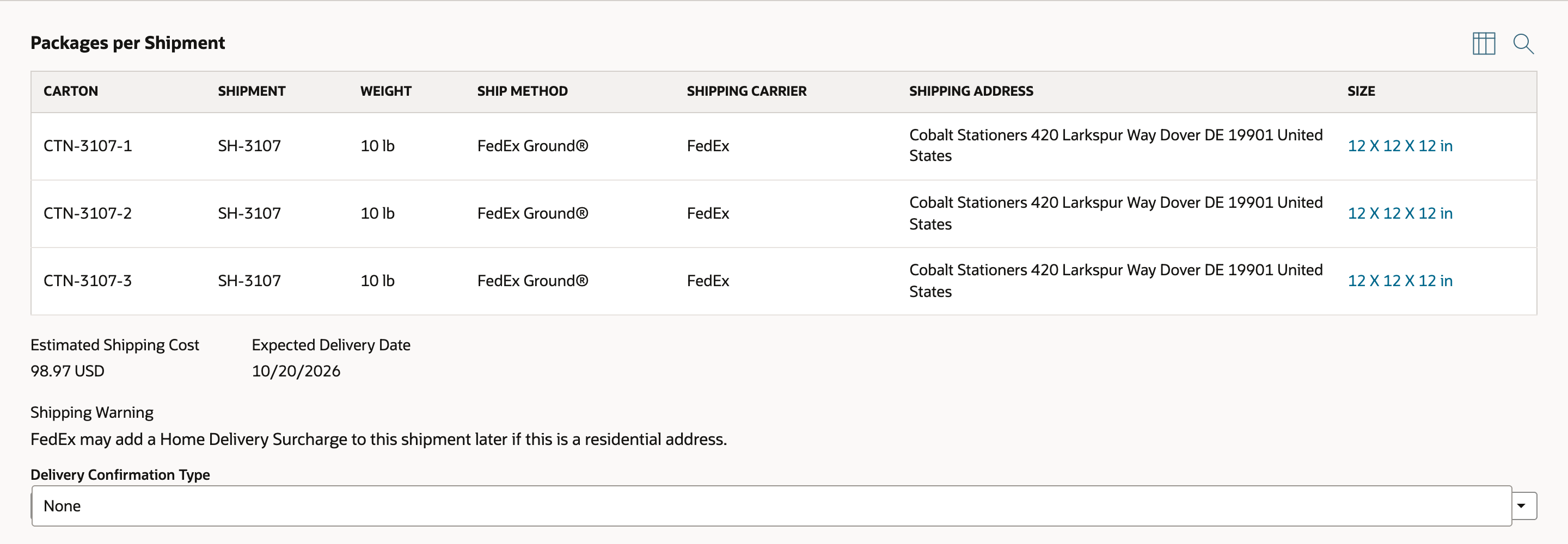 Ship Packages lists three cartons on FedEx Ground, a 98.97 USD estimate and a shipping warning.