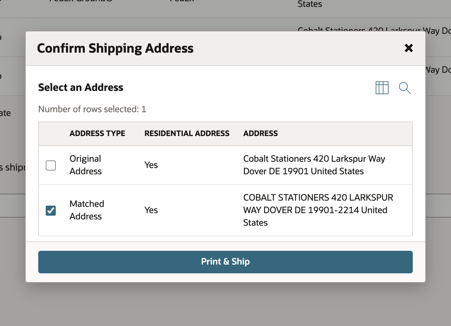 Confirm Shipping Address with the Matched Address row selected and a Print and Ship button.