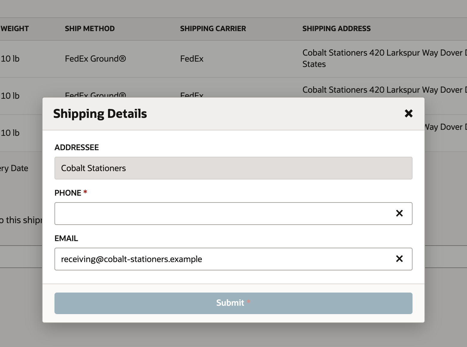 The Shipping Details dialog with an empty required Phone field.