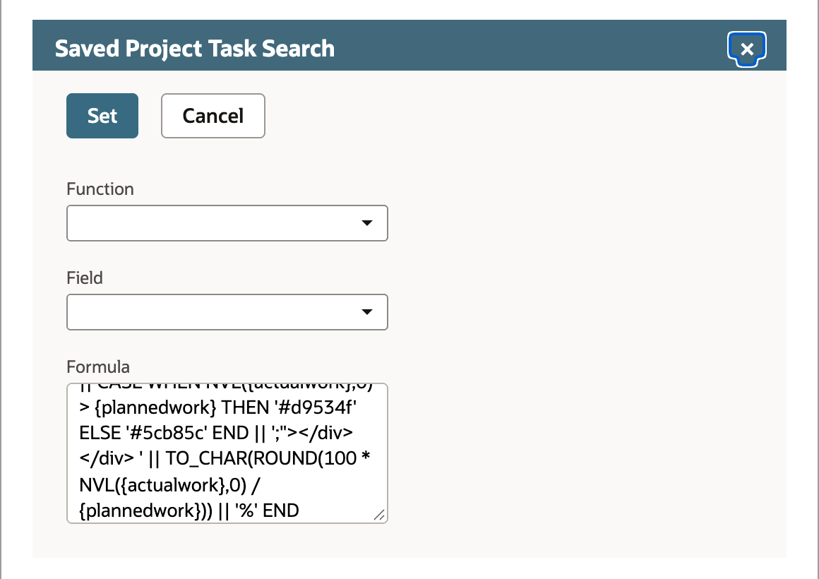 The Saved Project Task Search popup with Set and Cancel buttons, empty Function and Field lists, and the end of the progress-bar formula in the Formula box.
